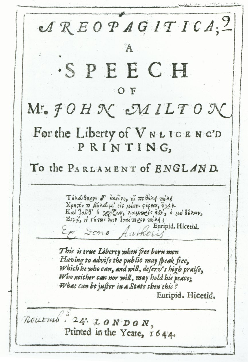 واجهة أريوباغيتيكا ، خطاب جون ميلتون (1608-74) حانة. عام 1644 بواسطة مدرسة اللغة الإنجليزية