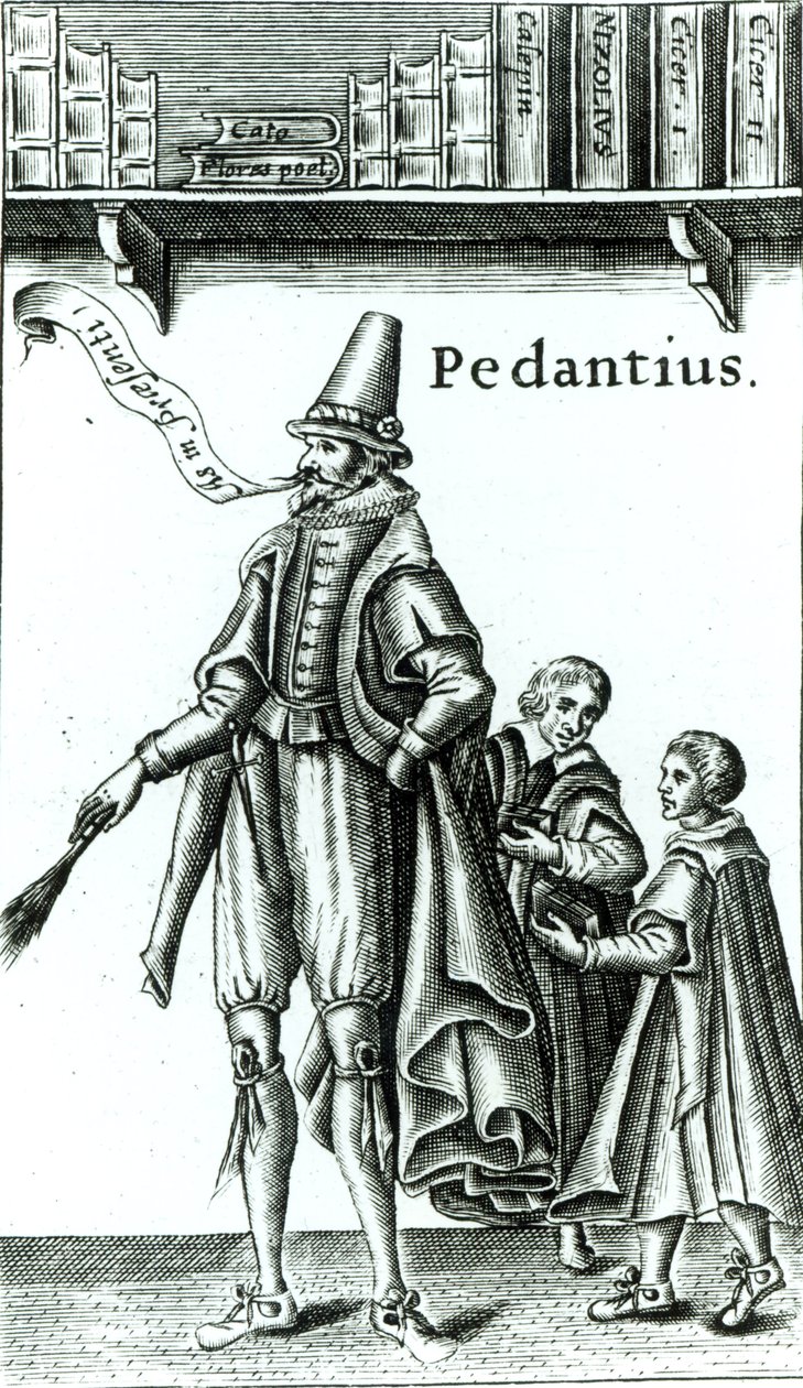 صورة من فيلم "Pedantius" ، كوميديا من إنتاج إدوارد فورسيت أنتجت في كامبريدج عام 1581 (نقش خشبي) بواسطة مدرسة اللغة الإنجليزية