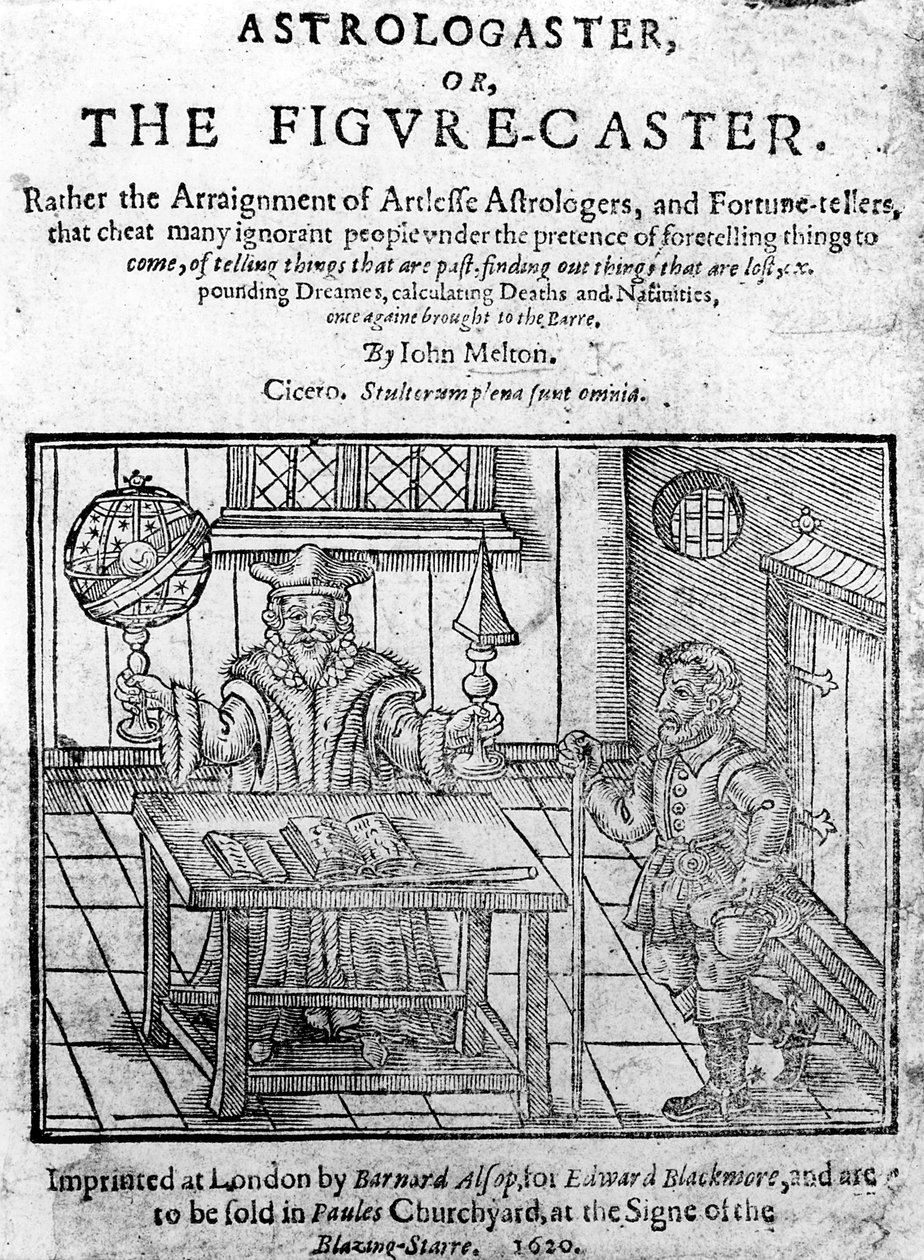 Frontispiece to Astrologaster ، أو the Figure-Caster بواسطة John Melton ، نشر في 1620 بواسطة مدرسة اللغة الإنجليزية
