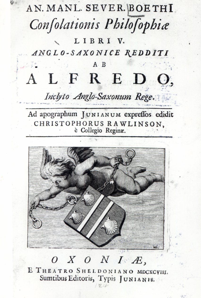 صورة من الواجهة الأمامية إلى ترجمة كريستوفر رولينسون لألفريد الطبعة الأكبر من Boethius Consolation of Philosophy ، 1698 (طباعة) بواسطة مدرسة اللغة الإنجليزية