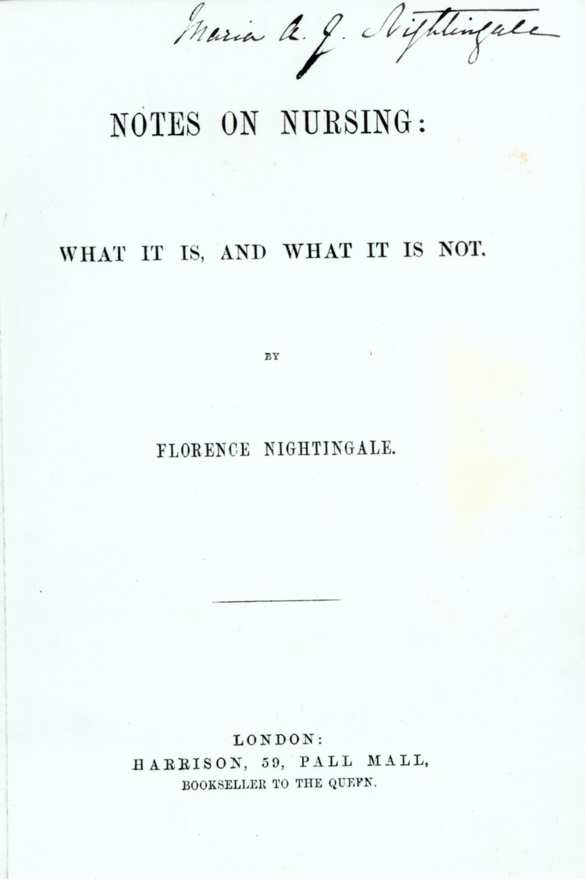 نُشرت في واجهة الصفحة لمجلة Florence Nightingales حول التمريض: ما هو ، وما هو ليس كذلك ، نُشر عام 1860 بواسطة مدرسة اللغة الإنجليزية