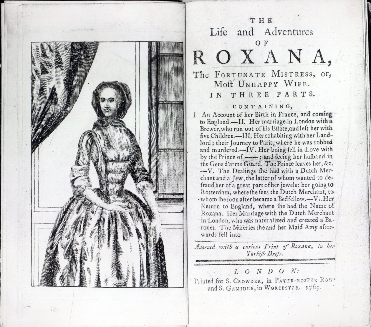 Frontispiece to Roxana ، The Fortunate Mistress by Daniel Defoe ، طبعة نشرت عام 1765 (طباعة) بواسطة مدرسة اللغة الإنجليزية