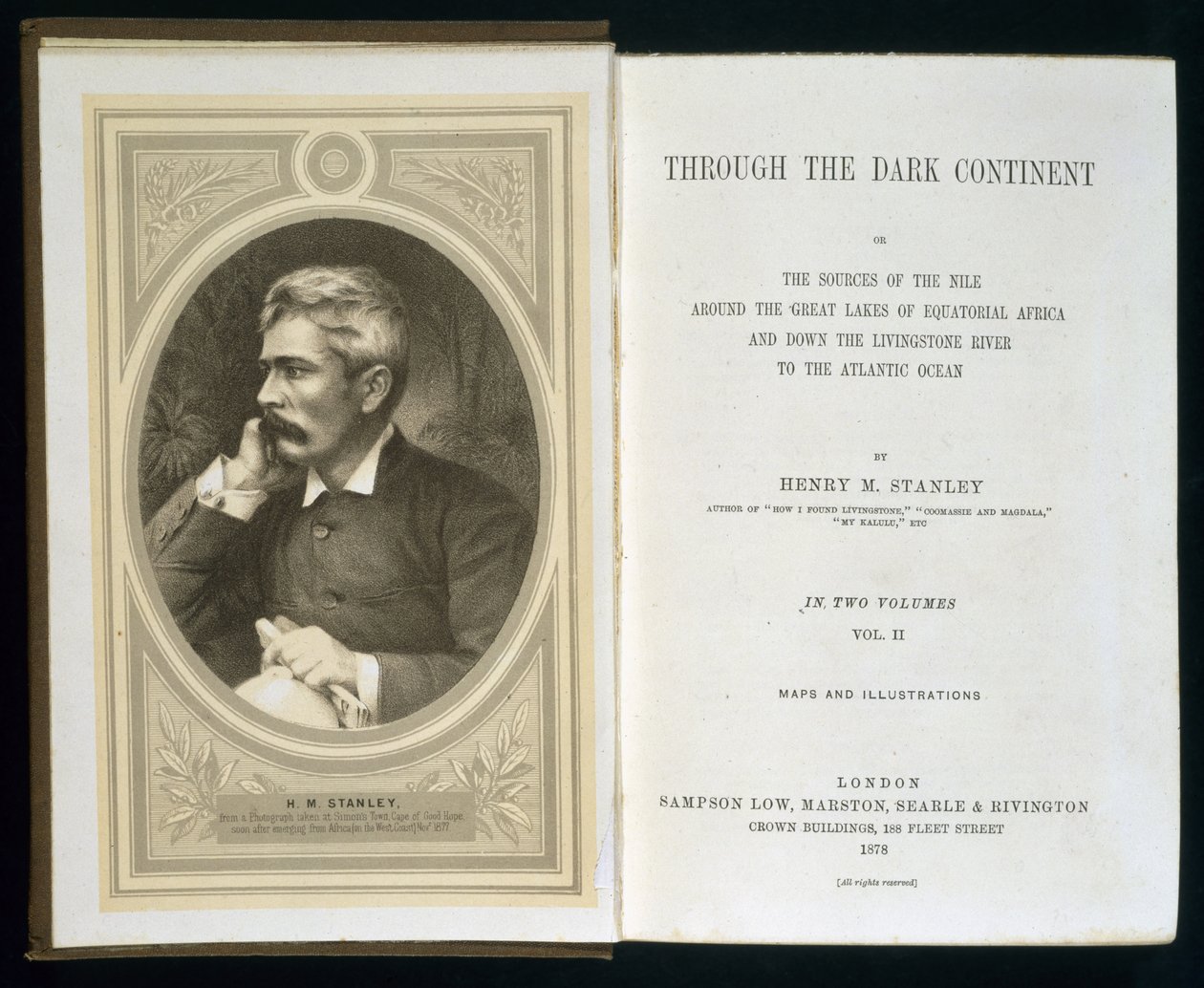 صورة لواجهة عبر القارة السوداء ، بقلم هنري م. ستانلي ، نُشر عام 1878 بواسطة مدرسة اللغة الإنجليزية