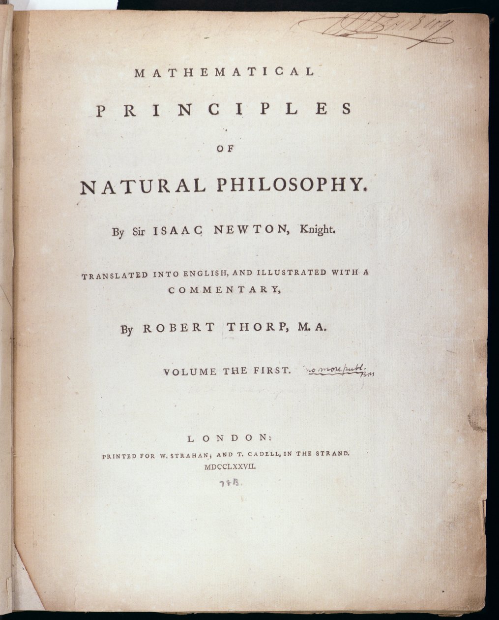 صورة من المجلد الأول للمبادئ الرياضية للفلسفة الطبيعية بقلم السير إسحاق نيوتن (1642-1727) 1777 بواسطة مدرسة اللغة الإنجليزية
