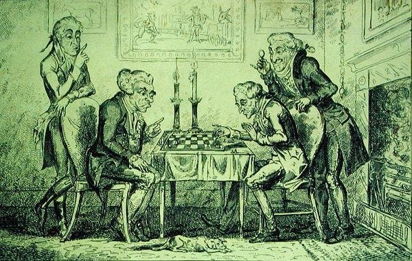 لعبة الشطرنج ، نقشها جورج كروكشانك (1792-1878) نُشرت في الأول من أغسطس 1835 (ليثو) بواسطة مدرسة اللغة الإنجليزية