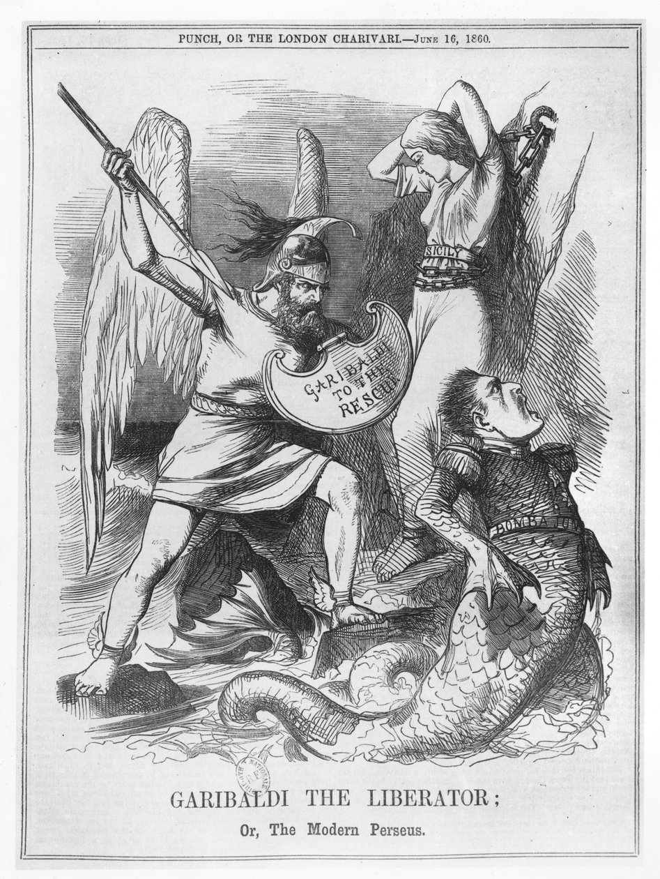 غاريبالدي المحرر ، أو The Modern Perseus ، من "Punch" بواسطة مدرسة اللغة الإنجليزية