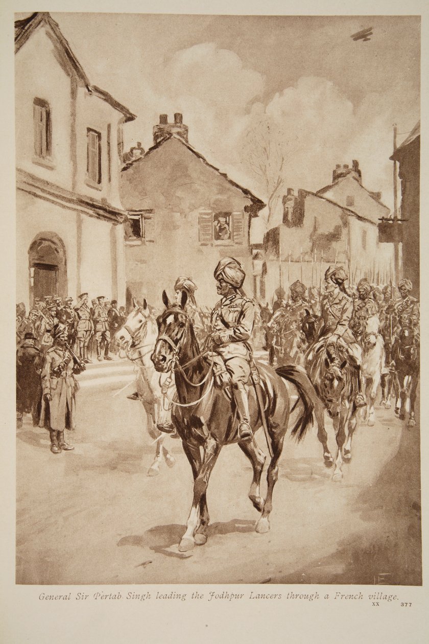 جنرال السير بيرتاب سينغ يقود جودبور لانسر عبر قرية فرنسية ، 1914-1919 بواسطة مدرسة اللغة الإنجليزية