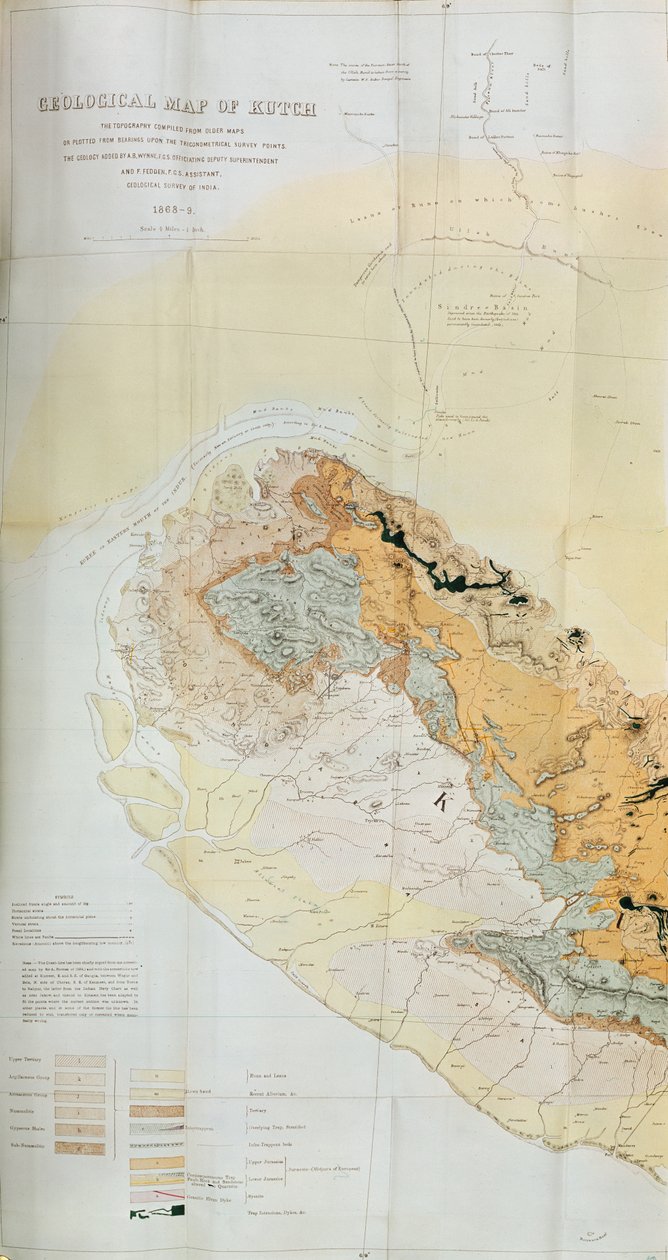 الخريطة الجيولوجية لمنطقة كوتش في الهند ، المسح الجيولوجي للهند 1868-69 بواسطة مدرسة اللغة الإنجليزية