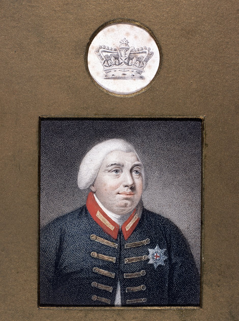 جورج الثالث (1738-1820) في وندسور يونيفورم ، ج .1790 (نقش نقش ملون) بواسطة مدرسة اللغة الإنجليزية