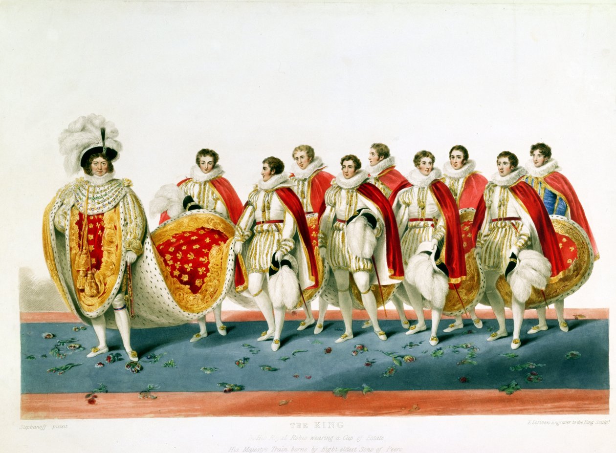 George IV in Coronation Robes Wearing a Cap of Estate, engraved by E. Scrivenor, from a plate by Sir George Naylor بواسطة مدرسة اللغة الإنجليزية