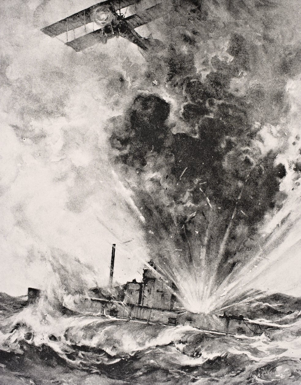 قصفت غواصة ألمانية وأغرقت في 26 أغسطس 1915 ، من ألبوم The War Illustrated Album deLuxe المنشور في لندن عام 1916 (ليثو) بواسطة مدرسة اللغة الإنجليزية