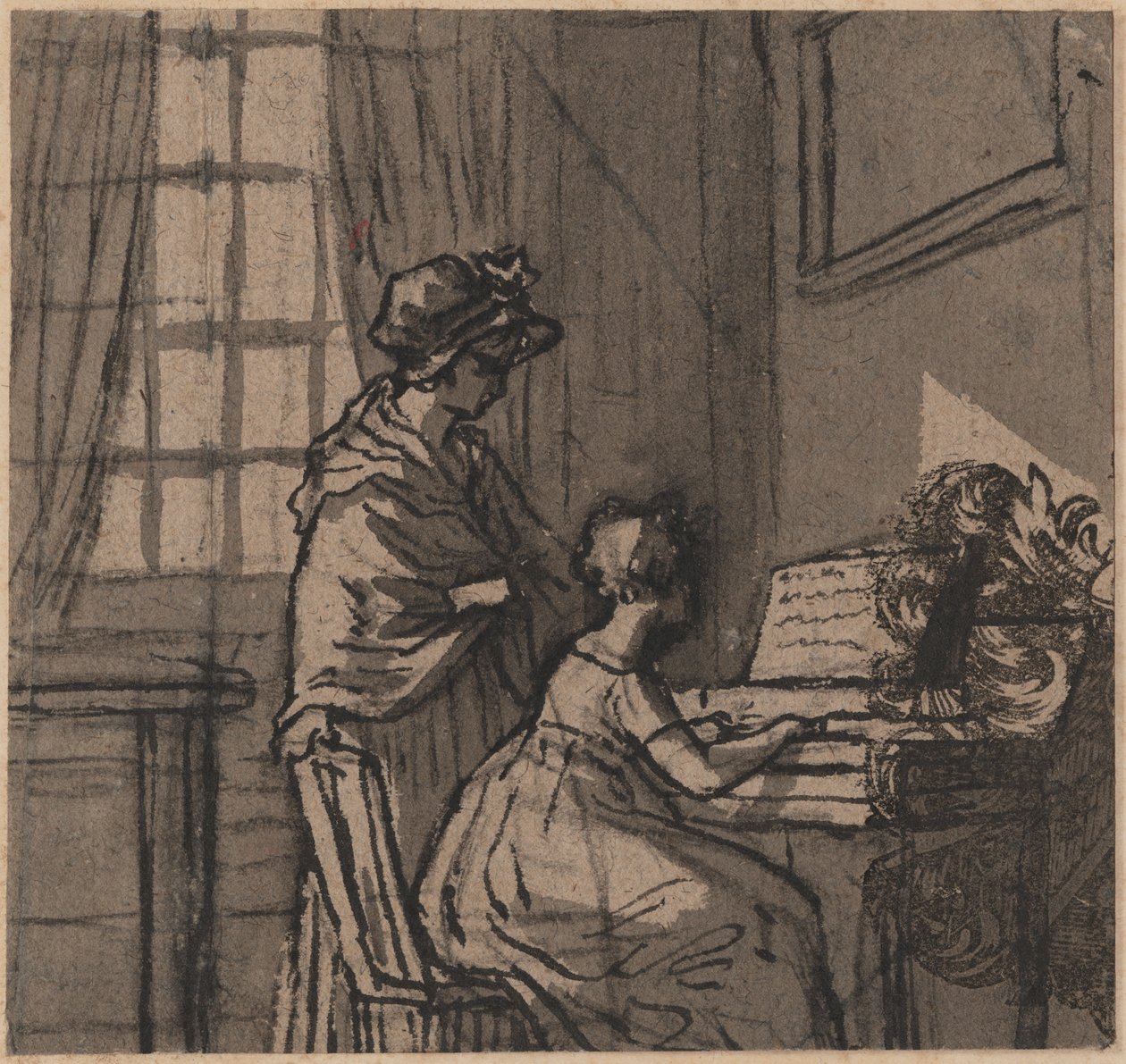 فتاة في clavichord ، c.1800 (قلم وغسل على ورق) بواسطة مدرسة اللغة الإنجليزية