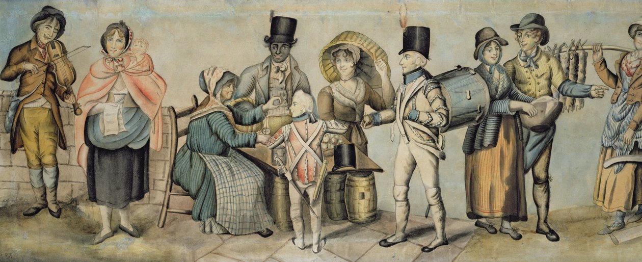 الذهاب إلى المعرض ، تفاصيل قانون الأسرة الموسيقية وبائع التفاح ، c.1815 (مرحاض وغواش على ورق) (انظر أيضًا 107508 و 107509) بواسطة مدرسة اللغة الإنجليزية