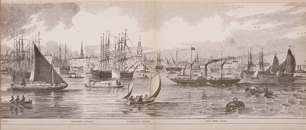 Grand Panorama of London ، من نهر التايمز الذي يتجه نحو شادويل ، Docks and Limehouse في شرق الهند ، 1849 (نقش الخشب) بواسطة مدرسة اللغة الإنجليزية