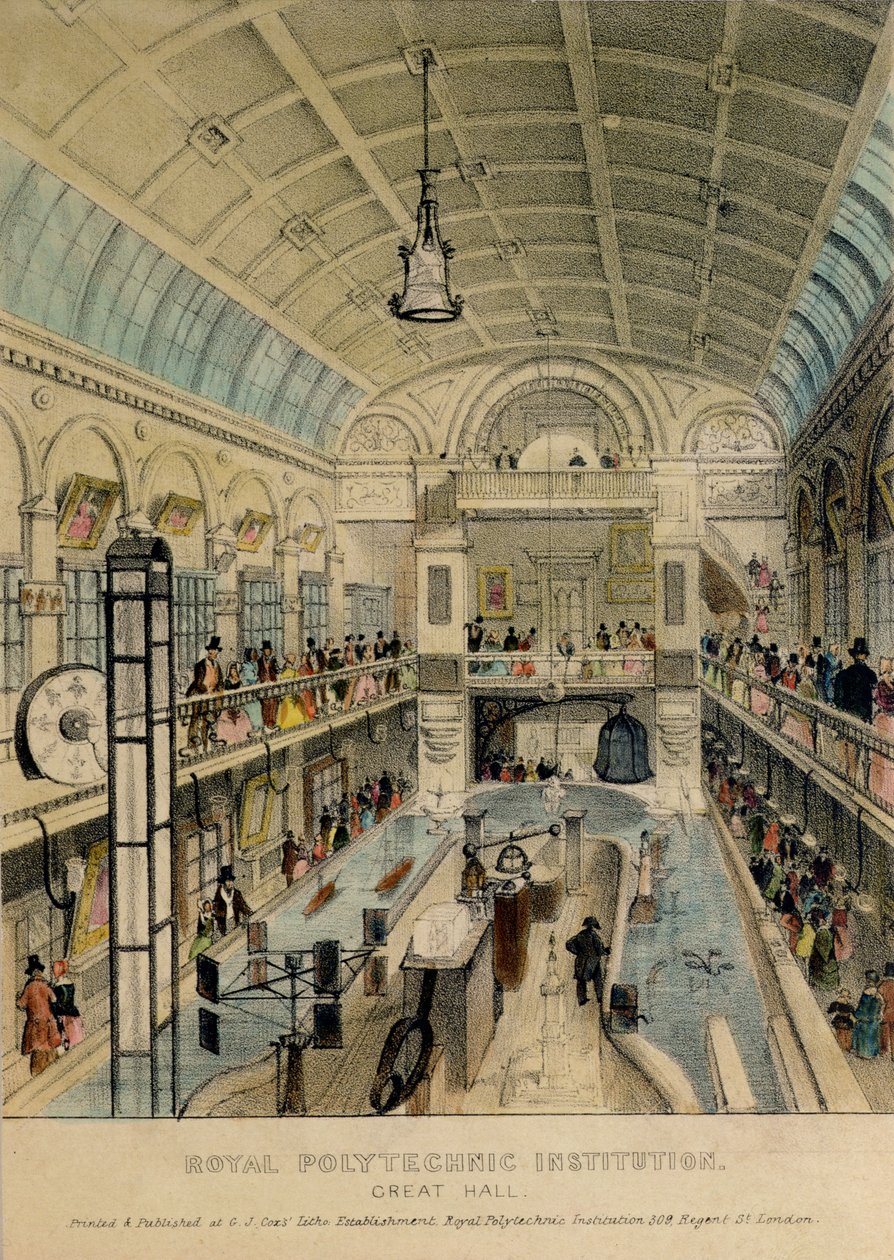 القاعة الكبرى لمعهد البوليتكنيك الملكي ، شارع ريجنت ، طبعها جي جي كوكس ، c.1840 بواسطة مدرسة اللغة الإنجليزية