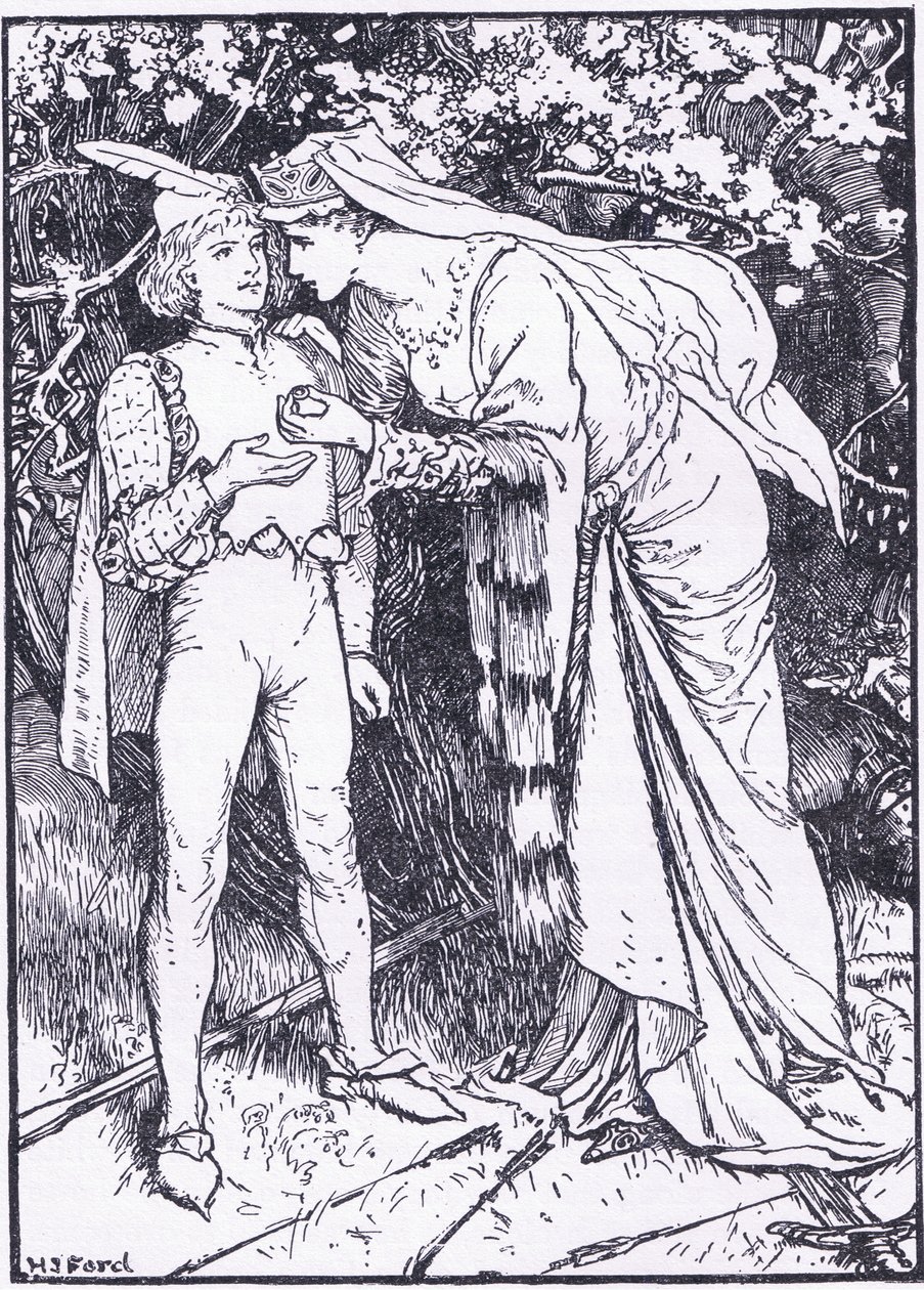 ترسل Guenevere صفحتها إلى Lancelot للحصول على المساعدة ، رسم توضيحي من "The Book of Romance" الذي نشرته Longmans Green and Co بواسطة مدرسة اللغة الإنجليزية