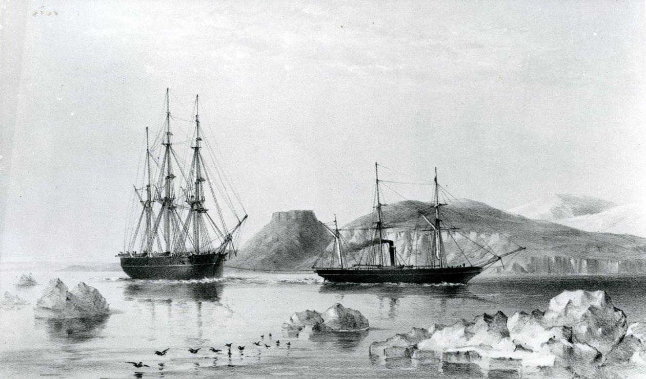 مساعدة HMS في اجتياز جون هارو ماونت ، شمال قناة ويلينجتون في عام 1853 (الطباعة الحجرية) بواسطة مدرسة اللغة الإنجليزية