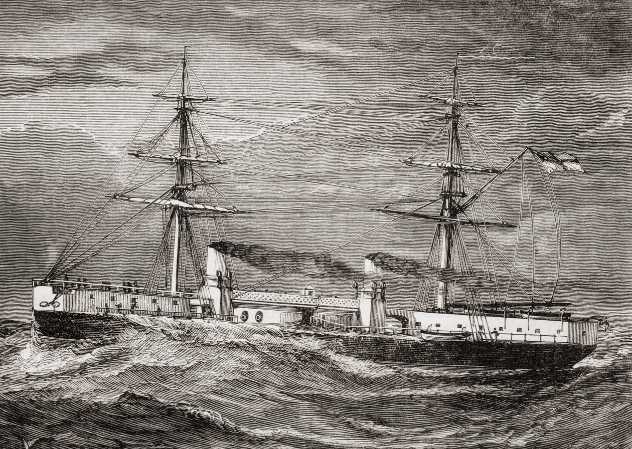 HMS Inflexible ، الطبقة التي لا تقهر Battlecruiser التابعة للبحرية الملكية البريطانية ، صورة توضيحية من &39;Our Own Magazine&39; ، نشرتها بعثة الخدمة الخاصة للأطفال ، 1885 بواسطة مدرسة اللغة الإنجليزية