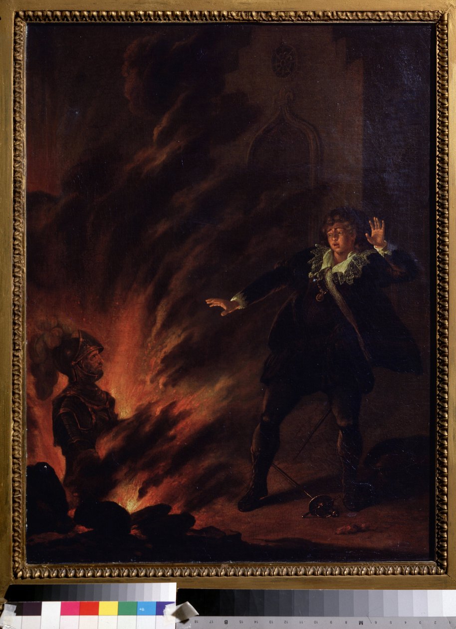 "هاملت يواجه شبح والده" (هاملت وشبح والده) رسم توضيحي لمسرحية هاملت بقلم ويليام شكسبير (1564-1621) لوحة من المدرسة الإنجليزية في أوائل القرن التاسع عشر Dim. 65x51 cm متحف بوشكين ، موسكو بواسطة مدرسة اللغة الإنجليزية
