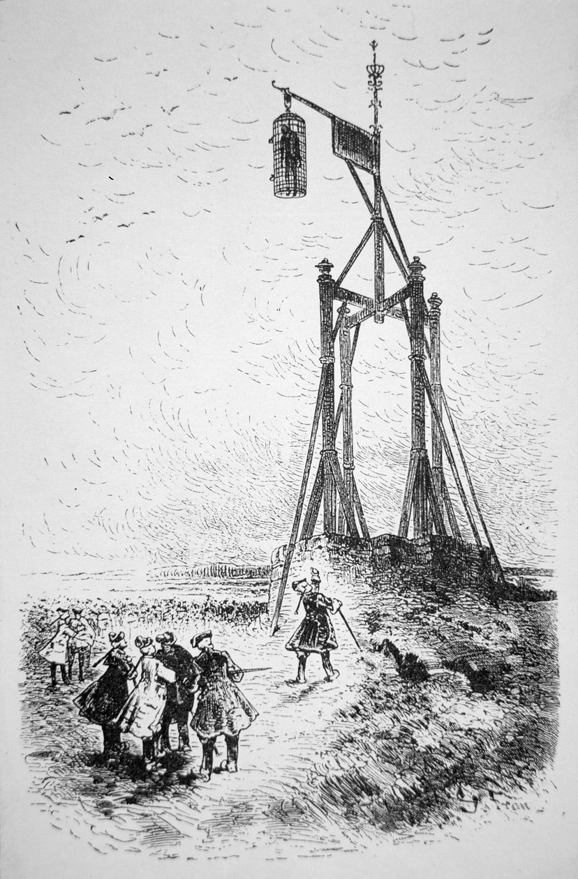 Hanging a pirate in a cage on high ground overlooking the sea (engraving) بواسطة مدرسة اللغة الإنجليزية