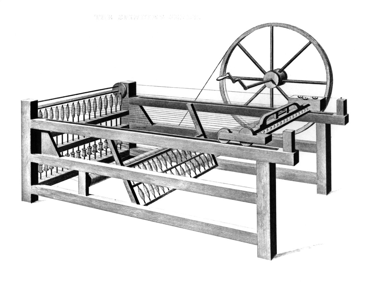 Hargreavess Spinning Jenny ، منقوش بواسطة TE Nicholson ، 1834 بواسطة مدرسة اللغة الإنجليزية