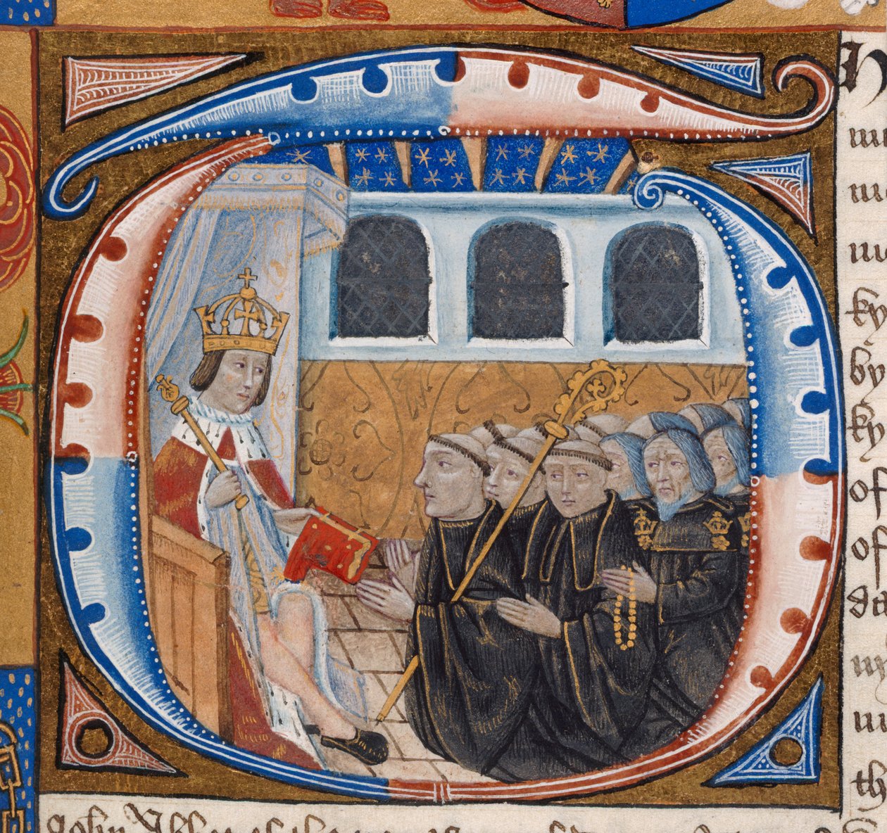 Harley 1498، f.59 بداية تاريخية تصور الملك هنري السابع وهو يستلم الكتاب ، رسم توضيحي من "Indentures of Westminster Abbey" (ورق) بواسطة مدرسة اللغة الإنجليزية