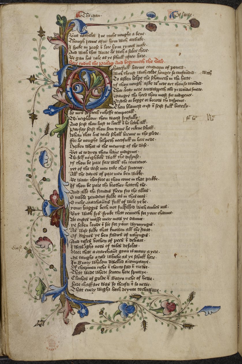 Harley 1758، f.56v Bar border and الأولي "O" (hatefull) من بداية Man of Law