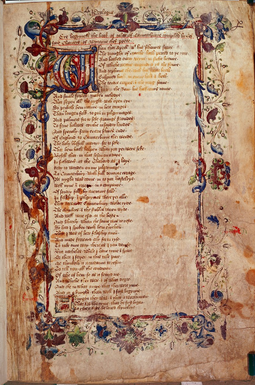 Harley 1758، fol 1، The Prologue، from "The Canterbury Tales" by Geoffrey Chaucer، c.1450-60 (vellum) بواسطة مدرسة اللغة الإنجليزية