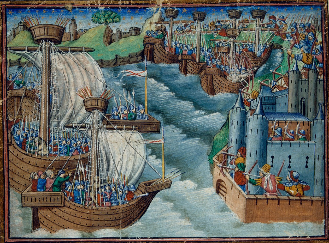Harley 326، f.29v يهاجم الأسطول المسيحي ميناء جايتا في إيطاليا ، الذي يسيطر عليه الأتراك ، من أبناء الملوك الثلاثة ، حوالي 1500 (ورق) بواسطة مدرسة اللغة الإنجليزية