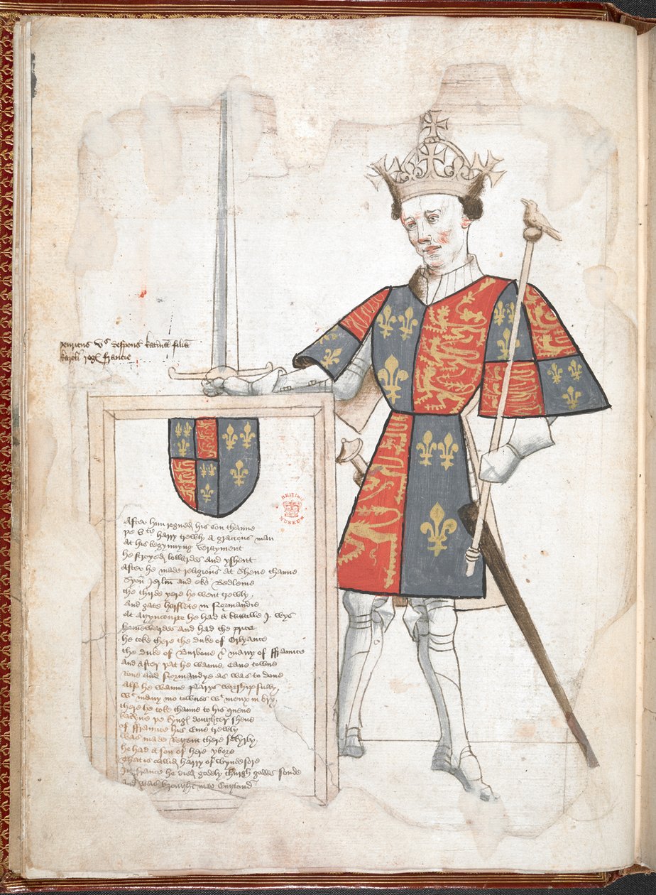 هارلي 4205 f.7v ملك إنجليزي يرتدي دروعًا وطاباردًا (هنري الخامس) من "كتاب السير توماس هولم للأسلحة ..." ، 1445-50 (ورق) بواسطة مدرسة اللغة الإنجليزية