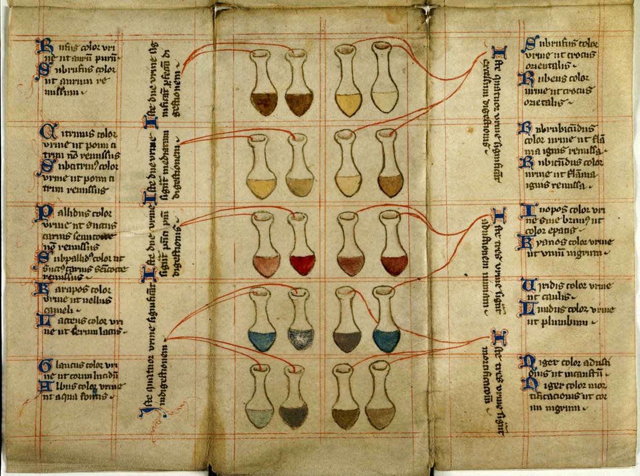 Harley 5311 Section F ، جدول أكواب البول ، من تقويم الطبيب القابل للطي (رق) بواسطة مدرسة اللغة الإنجليزية
