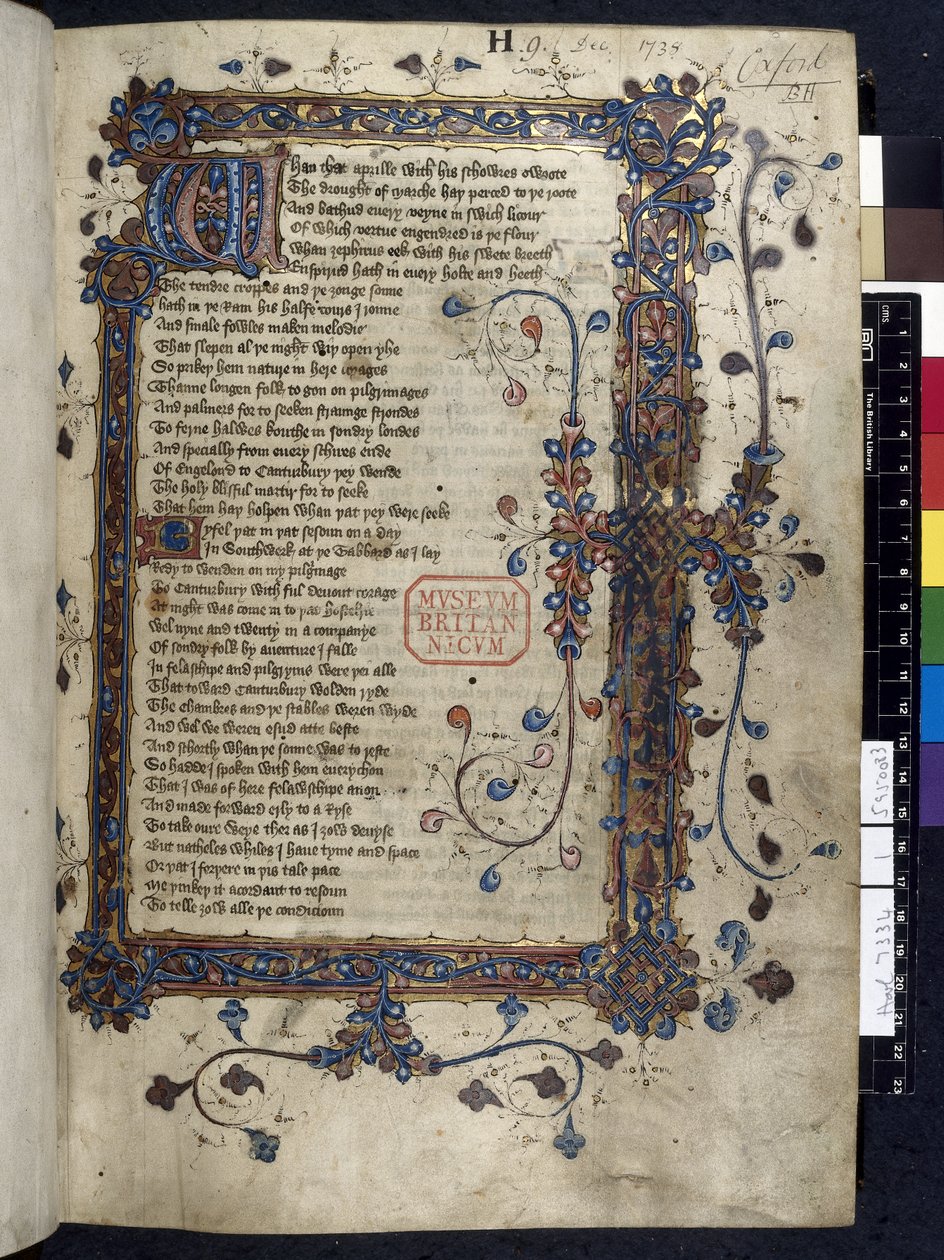 Harley 7334، f.1 الحرف الأول المضيء "W" ، من "The Canterbury Tales" ، بقلم جيفري تشوسر ، حوالي 1410 (حبر ، لون وذهب على ورق) بواسطة مدرسة اللغة الإنجليزية