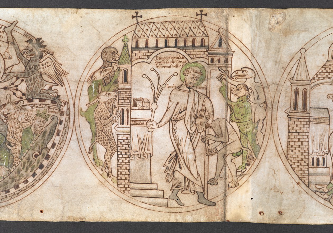 Harley Roll Y 6، Roundel 9، Roundel of St Guthlac (المسمى "Guthlacus") يجلد الشياطين الوحشية الذين اقتحموا منزله [أم] ". من "حياة جوثلاك" ( بواسطة مدرسة اللغة الإنجليزية