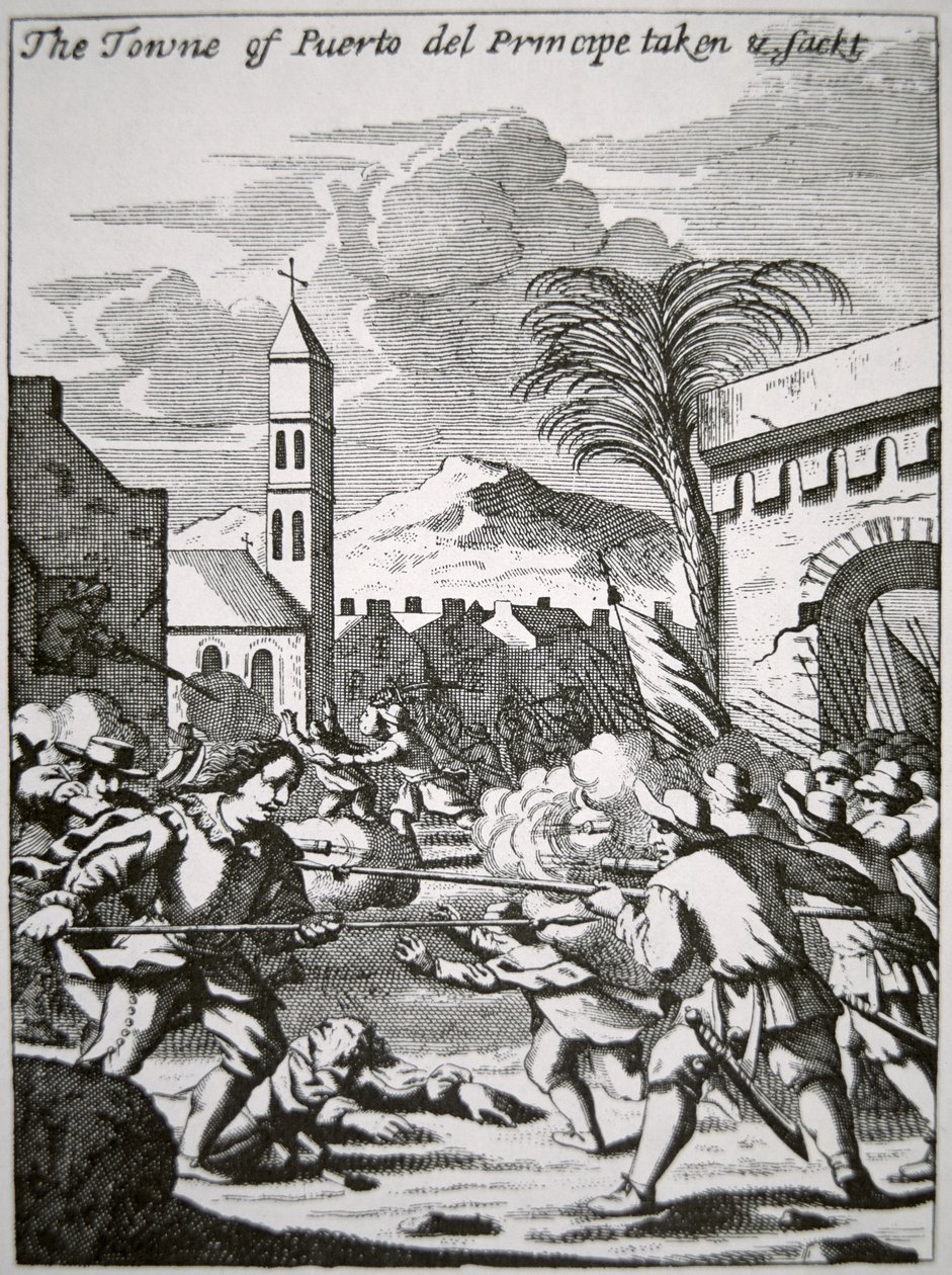 Henry Morgan captures and sacks the town of Puerto de Principe, Cuba, in 1668, illustration from 