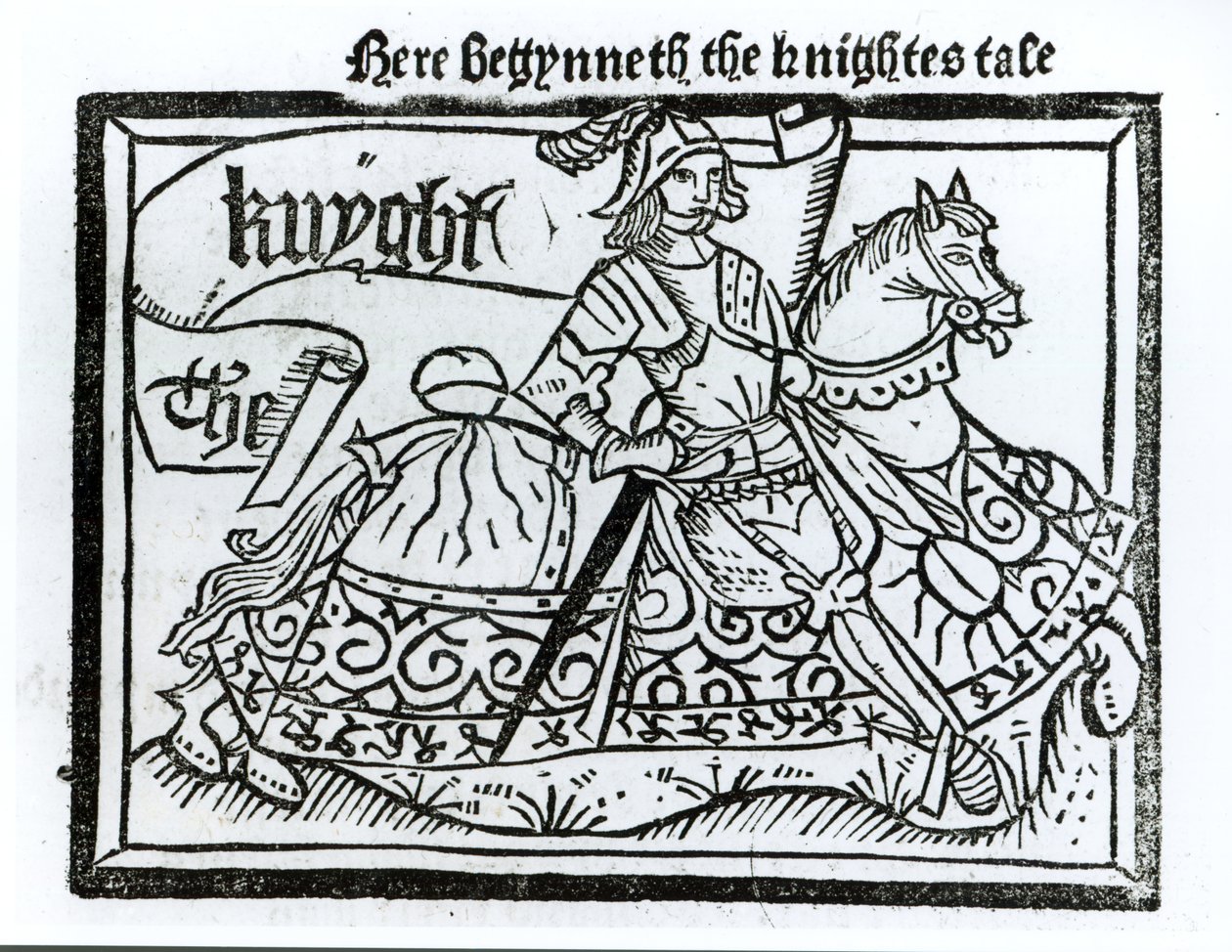 هنا Begynneth The Knightes Tale ، توضيح من حكايات كانتربري بقلم جيفري تشوسر (c.1345-1400) طبعها ويليام كاكستون (c.1422-91) 1434 بواسطة مدرسة اللغة الإنجليزية