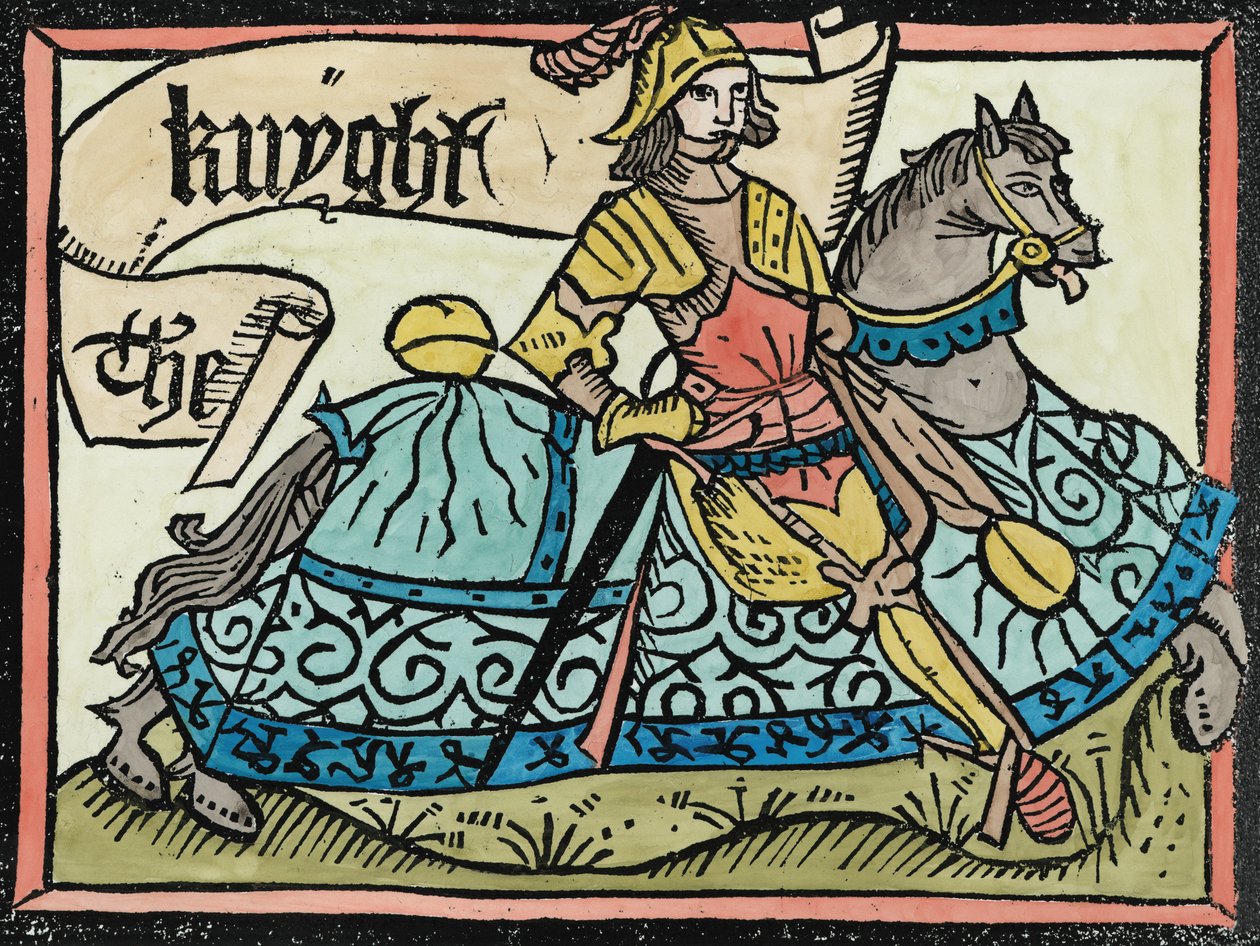 هنا Begynneth The Knightes Tale ، التوضيح من حكايات كانتربري بقلم جيفري تشوسر (c.1345-1400) طبعها وليام كاكستون (c.1422-91) 1434 (تلوين لاحق) بواسطة مدرسة اللغة الإنجليزية