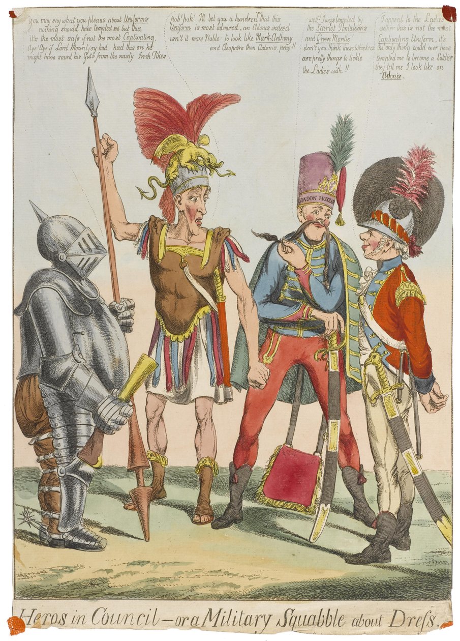 "أبطال في المجلس - أو شجار عسكري حول اللباس" حوالي عام 1820 (نقش ملون) بواسطة مدرسة اللغة الإنجليزية