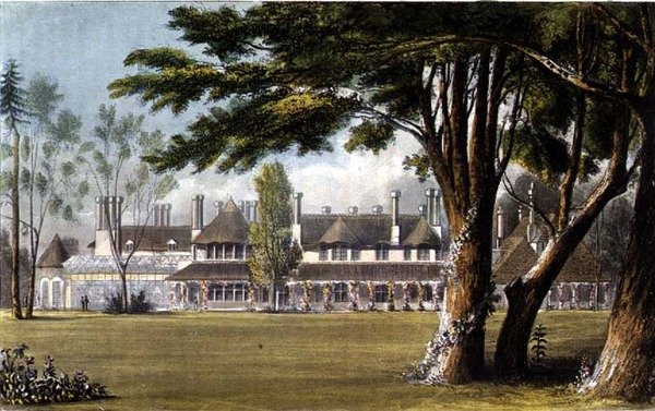 منزل جلالة الملك ، وندسور جريت بارك ، كما يُرى من الحديقة ، من R. Ackermann's (1764-1834) "مستودع الفنون" بواسطة مدرسة اللغة الإنجليزية