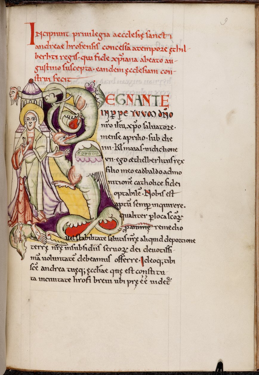 الحرف الأول التاريخي "R" (egnante) مع المسيح والتنين ، من Textus Roffensis ، قبل عام 1719 (الفاكس على الرق) بواسطة مدرسة اللغة الإنجليزية