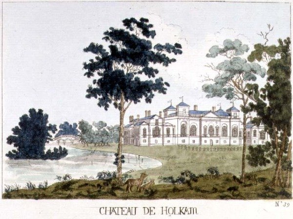 هولكام هول ، نورفولك ، رسم توضيحي من لوحات ويليام واتس للمنازل والحدائق ، ج .1785 (نقش ملون) بواسطة مدرسة اللغة الإنجليزية