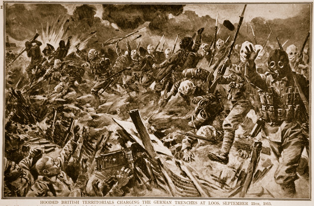 أقاليم بريطانية مقنعين تتهم الخنادق الألمانية في لوس ، 25 سبتمبر 1915 ، 1914-1919 بواسطة مدرسة اللغة الإنجليزية