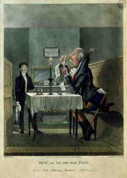 "How Ar'Ye Off for Fish!" ، نقشها جورج هانت ، حوالي 1825-30 (لون ليثو) بواسطة مدرسة اللغة الإنجليزية