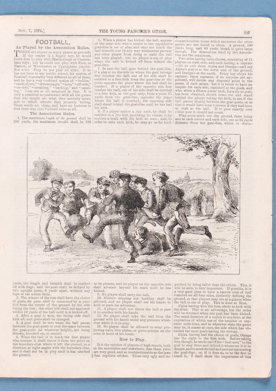 كيفية لعب كرة القدم وفقًا لقواعد الاتحاد ، مقالة من دليل الفنانين الشباب ، 1874 (انظر أيضًا 315146) بواسطة مدرسة اللغة الإنجليزية