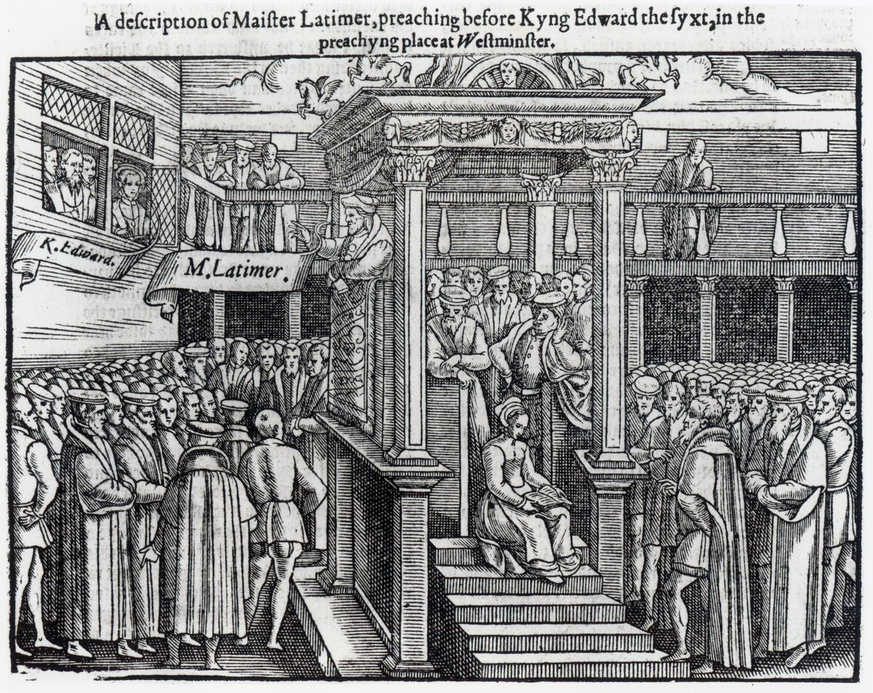 هيو لاتيمر (c.1485-1555) الوعظ قبل الملك إدوارد السادس (1537-53) في وستمنستر في 1547 ، من "أعمال وآثار" لجون فوكس (1516-87) 1563 بواسطة مدرسة اللغة الإنجليزية