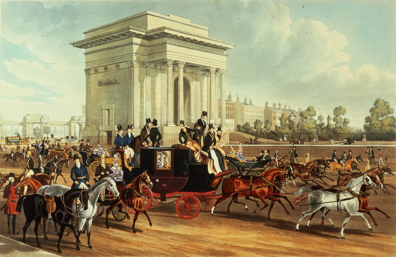 ركن هايد بارك ، بعد جيمس بولارد ، نشره أكرمان ، 1836 (أكواتنت) بواسطة مدرسة اللغة الإنجليزية