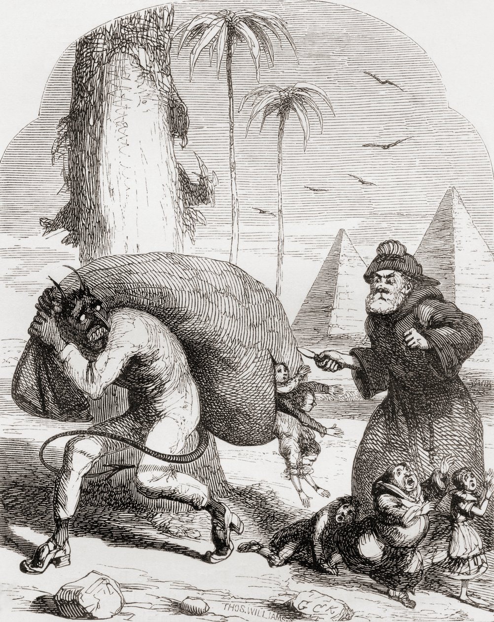رسم توضيحي بعد جورج كروكشانك عن قصيدة "Lay of St. Medard" ، من "The Ingoldsby Legends or Mirth and Marvels" ، بقلم توماس إنغولدسبي ، نُشر عام 1865 بواسطة مدرسة اللغة الإنجليزية