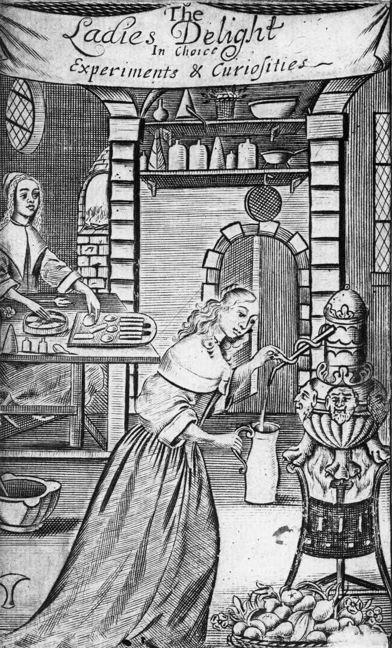 رسم توضيحي من "متعة السيدات في تجارب الاختيار والفضول" لهانا وولي ، 1672 بواسطة مدرسة اللغة الإنجليزية