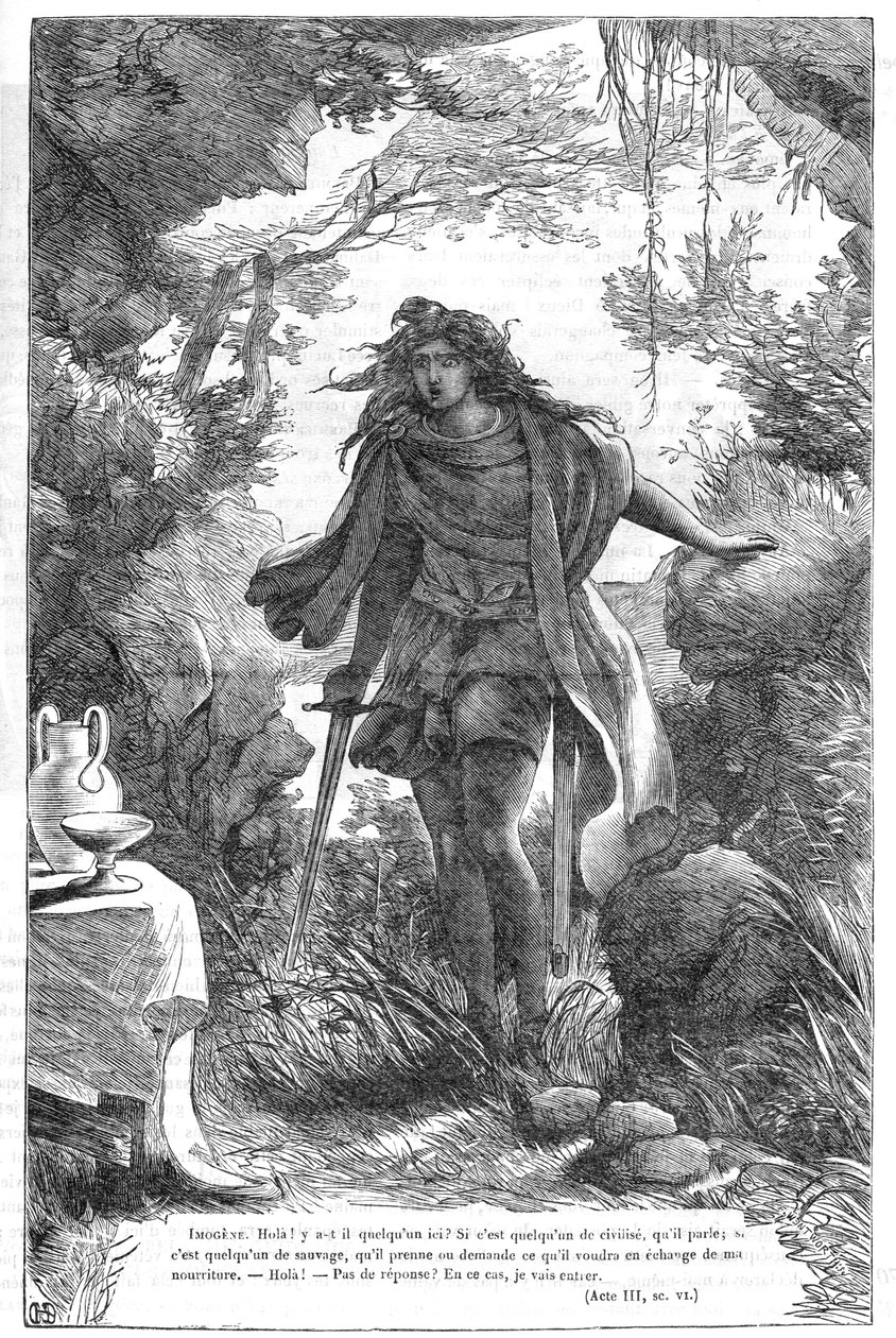 Imogen in Cymbeline - (The Tragedy of Cymbeline، King of Britain) - رسم توضيحي في "" Completes de William Shakespeare "" 1866 - الرسوم التوضيحية والشكل العام لهذه الطبعة مستعارة من رسم كاسيل شكسبير ، الذي نُشر في لندن بواسطة مدرسة اللغة الإنجليزية