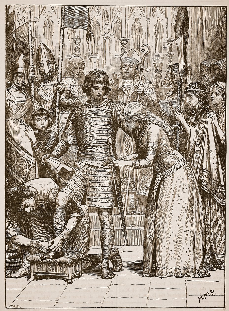 البدء في ترتيب الفروسية ، رسم توضيحي من Cassells Illustrated History of England (sepia photo) بواسطة مدرسة اللغة الإنجليزية