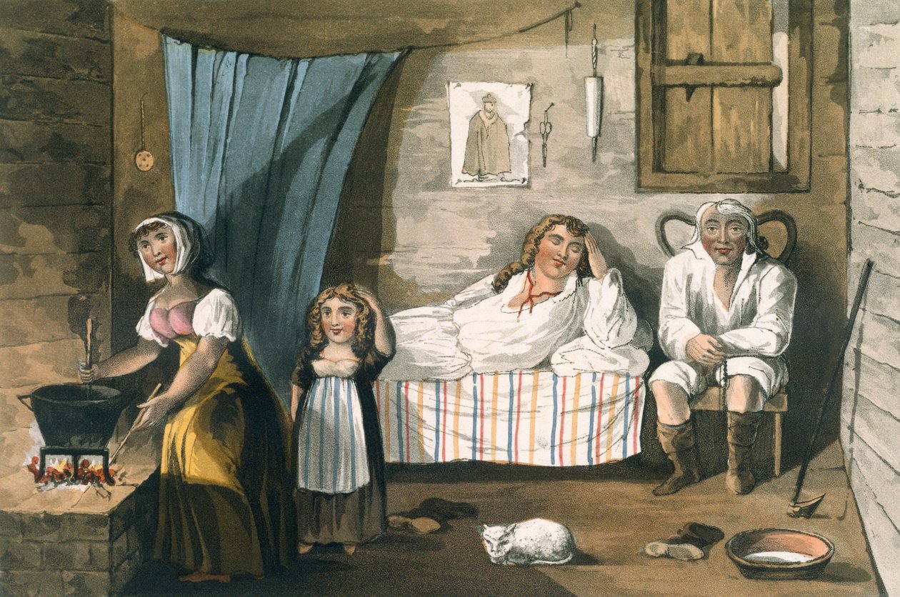 داخل كوخ ، من جولة خلابة في البحيرات الإنجليزية بواسطة TH Fielding و J. Walton ، نشرها R. Ackermann ، لندن ، 1821 (ألوان مائية يدوية) بواسطة مدرسة اللغة الإنجليزية